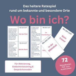 Könnte beinhalten: Ein Set aus 72 ausdruckbaren Rätselkarten mit dem Titel Wo bin ich? auf dunkelblauem Hintergrund. Die Karten enthalten beschreibende Szenarien zu verschiedenen Orten wie Post, Bank, Krankenhaus, Bibliothek und Friseur in deutscher Sprache.