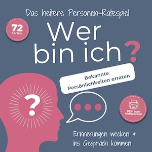 Könnte beinhalten: Ein blaues Kartenspiel mit dem Titel Wer bin ich? mit einer rosa Kopf-Silhouette, einem Fragezeichen, einer Sprechblase mit drei Punkten sowie zwei runden Abzeichen, die 72 Karten und ein druckbares PDF-Format zum Erraten von Persönlichkeiten zeigen.