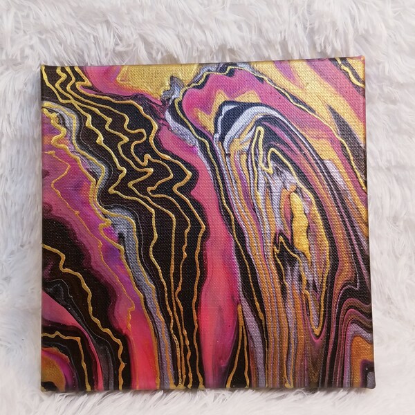 Abstract fluid- painting, small square, purples, magenta, and gold