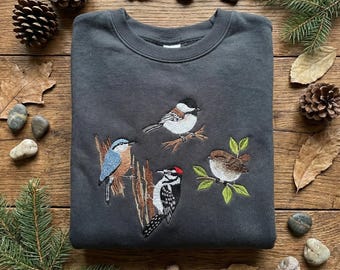 Embroidered Forest Birds Sweatshirt, Woodpecker Chickadee Nuthatch Bird Crewneck, Bird Lover Gift, Nature Wildlife Shirt