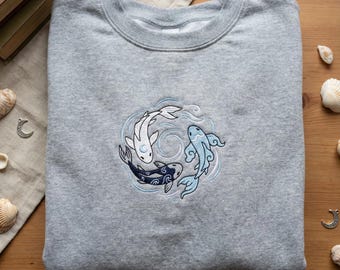 Ocean and Moon Spirits Embroidered Sweatshirt, ATLA Inspired Koi Fish Yin Yang Northern Tribe Shirt