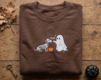 Embroidered Skeleton Dachshund Sweatshirt, Halloween Ghost Boop Hoodie, Cute Wiener Dog Doxie Lover Shirt, Spooky Autumn Embroidered Top