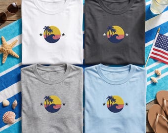 Embroidered Beach T-Shirt, Tropical Sunset Tee, Palm Tree Wave Shirt, Summer Vacation Gift, Surfing Embroidery, Coastal California Style