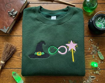 Wicked Witch Hat Infinity Wand Embroidered Sweatshirt, Elphaba Glinda Shirt, Broadway Musical Gift, Green Shirt