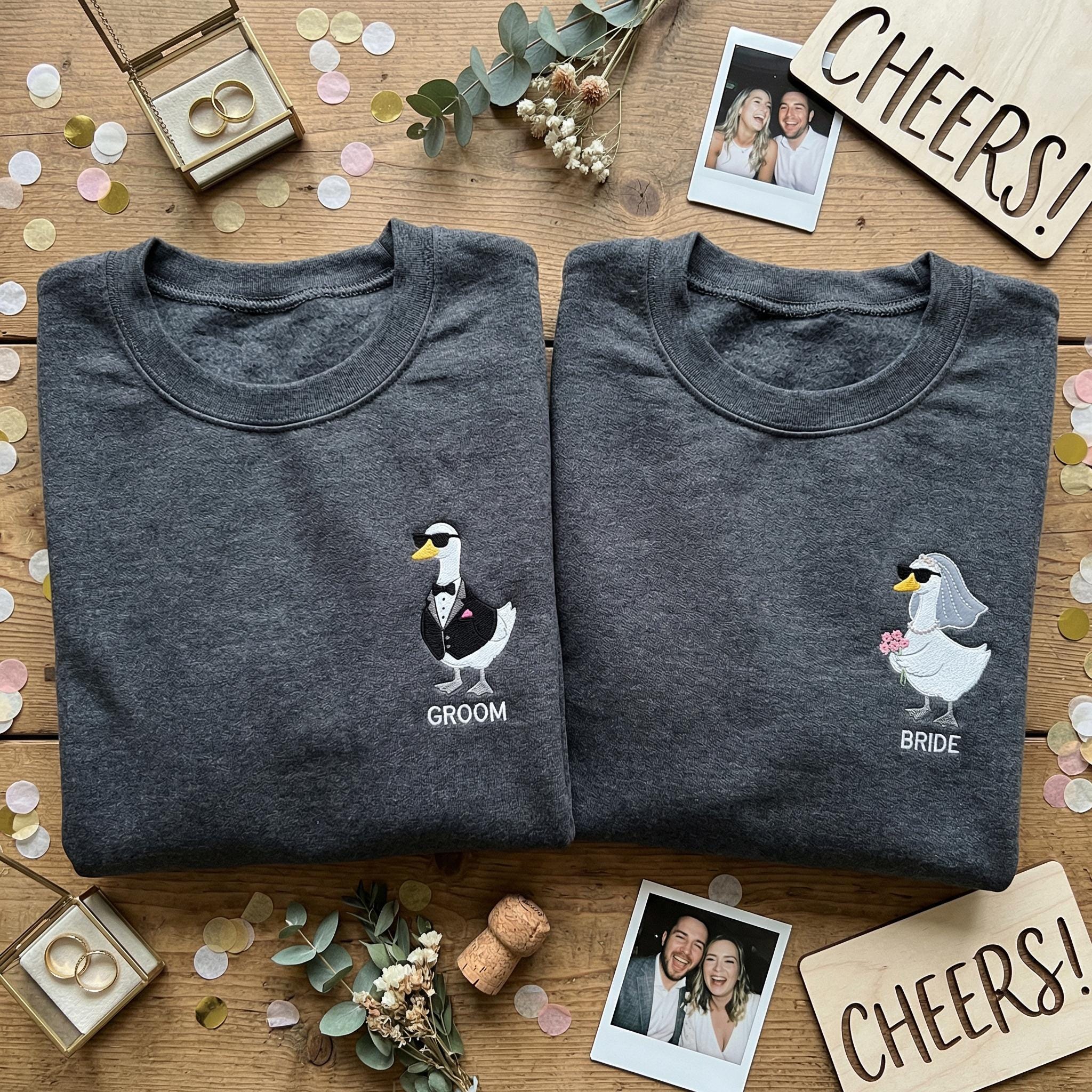 Cool Groom and Bride Goose Embroidered Sweatshirt