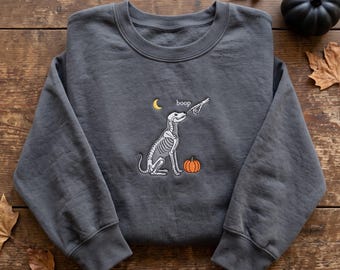 Embroidered Spooky Boop Crewneck, Funny Skeleton Dog Sweatshirt, Halloween Bone Hand Apparel, Cute Gothic Pet Top, Autumn Trick Or Treat