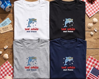 Dolphin Embroidered T-Shirt, Red White and Brews Shirt, 4th of July Apparel, Patriotic Dolphin Tee, Summer Beach Party Top