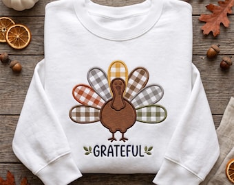 Embroidered Grateful Turkey Sweatshirt, Plaid Thanksgiving Crewneck, Cozy Fall Autumn Jumper, Cute Turkey Day Family Gift Pullover