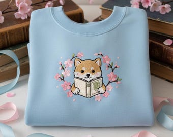 Embroidered Shiba Inu Reading Book Sweatshirt, Cherry Blossom Flower Wreath Crewneck, Dog Mom Teacher Gift Hoodie