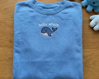 Baby Whale Embroidered Sweatshirt, Cute Sea Animal Hoodie, Marine Life Gift, Nautical Whale Crewneck, Aesthetic Ocean Lover Apparel