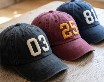 College Style Number Hat, Embroidered Wash Dad Cap, Varsity Letterman Cap, Retro Sports Fan Hat, Custom Jersey Number Gift, Distressed Hat