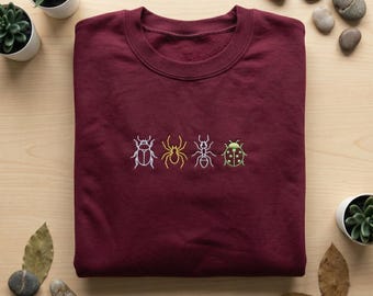Embroidered Spider and Ant Sweatshirt, Minimalist Bug Hoodie, Nature Theme Crewneck, Dark Forest Core Apparel, Science Entomologist Gift