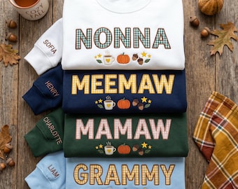Embroidered Cozy Fall Nonna Meemaw Sweatshirt, Warm Autumn Mamaw Grammy Hoodie with Grandkids Sleeve Names, Pumpkin Season Grandma Gift