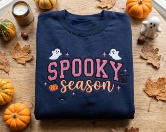 Embroidered Spooky Season Sweatshirt, Cute Ghost Black Cat Halloween Crewneck, Retro Fall Pumpkin Sweater, Spooky Babe October Pullover