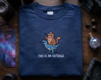 Grumpy Cat and Dinosaur Embroidered T-Shirt, This is an Outrage Fantasy Tee, Nerd Culture Gift, Bookish Humor Apparel, D&D Style Shirt