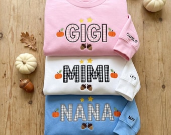 Custom Embroidered Fall Nana Gigi Mimi Sweatshirt, Cute Autumn Grandkid Name on Sleeve Crewneck, Thanksgiving Pumpkin Grandma Hoodie Gift