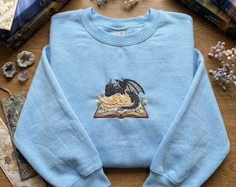 Fantasy Book Reader Embroidered Sweatshirt – Dragon Book Sweater, Fourth Wing Shirt, Bookish Cozy Gift for Readers