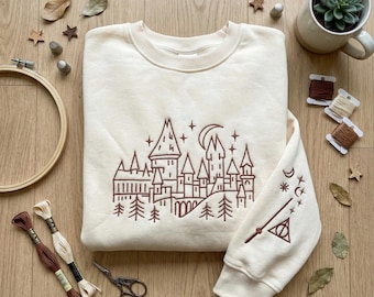 Magic Wizard Castle Embroidered Sweatshirt, Witchy Academy Crewneck, Magical School Sleeve Embroidery, Fantasy Book Lover Gift, Starry Moon