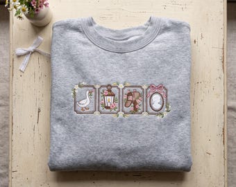 Embroidered Vintage Goose Hoodie, Cottagecore Cameo Crewneck, Victorian Botanical Aesthetic Sweatshirt,Floral Lantern Mailbox Gift For Women