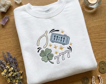 11:11 777 Lucky Circle Embroidered Sweatshirt, Angel Number Clover Wishbone Hoodie, Spiritual Manifestation Sweater