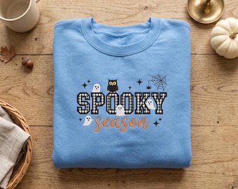 Plaid Spooky Season Embroidered Sweatshirt, Cute Ghost Owl Cobweb Crewneck, Halloween Spooky Embroidered Pullover, Autumn Fall Gift