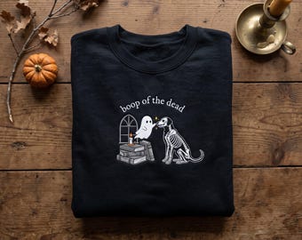 Embroidered Boop Of The Dead Sweatshirt, Spooky Bookish Ghost Dog Crewneck, Cute Skeleton Dog Lover Sweater, Halloween Cozy Reading Gift