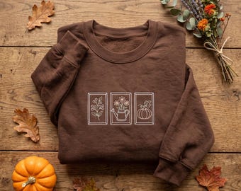 Embroidered Fall Garden Sweatshirt, Botanical Pumpkin Crewneck, Cute Watering Can Flower Sweater, Cottagecore Autumn Harvest Pullover