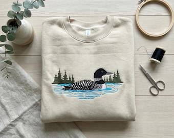 Embroidered Common Loon Sweatshirt, Birdwatcher Crewneck, Wildlife Bird Embroidery, Cozy Nature Lover Gift
