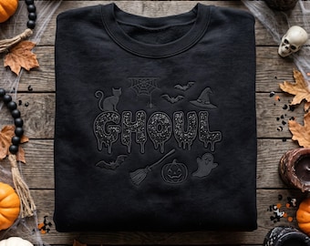 Embroidered Ghoul Halloween Sweatshirt, Spooky Ghoul Vibes Hoodie, Dripping Witch Ghost Crewneck, Trendy Spooky Season Fall Pullover