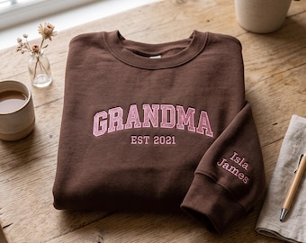 Embroidered Grandma Sweatshirt with Grandkids Names on Sleeve, Custom Est Grandmother Crewneck, Personalized Nana Granny Gift