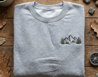 Embroidered Mountain and Tree Sweatshirt, Nature Hiking Crewneck, Outdoor Adventure Jumper, Traveler Gift for Him/Her