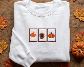 Embroidered Minimalist Fall Sweatshirt, Cozy Coffee Pumpkin Crewneck, Autumn Maple Leaf Embroidered Pullover, Aesthetic Fall Vibes Sweater