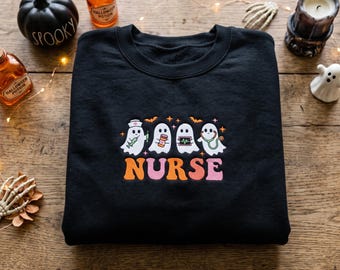 Embroidered Halloween Nurse Crewneck, Spooky Ghost Nurse Sweatshirt, Cute Medical Apparel, RN Gift, Fall Nursing Shirt, Trick Or Treat Top