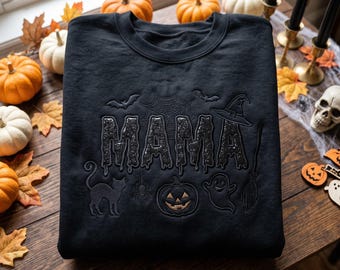 Embroidered Spooky Mama Halloween Sweatshirt, Cute Witchy Mom Crewneck, Pumpkin Bat Ghost Cat Mother Gift, Fall Halloween Family Hoodie