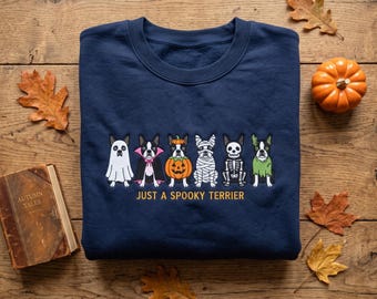 Embroidered Boston Terrier Sweatshirt, Spooky Halloween Puppy Crewneck, Funny Dog Costume Autumn Sweater, Dog Lover Pet Parent Fall Gift