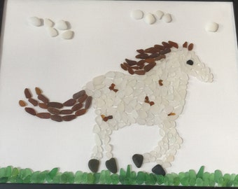 Horse Pony Art Mosaic with Sea Glass, Gift for Him Her