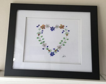 Handmade Heart Flower Sea Glass Framed Art Wall Hanging, Gift for Her