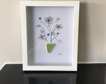 Ceramic Vase of Flowers Amethyst Blue Sea Glass Art, Gift for Her