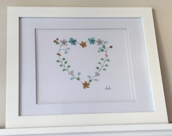 Heart Flowers Sea Glass Handmade Art Wall Hanging, Gift for Her