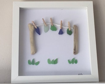 Clothes Drying line Art Sea Glass Driftwood Seaglass, Genuine Beach Glass Gift for Her Housewarming