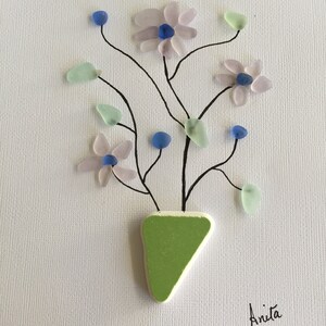 Ceramic Vase of Flowers Amethyst Blue Sea Glass Art, Gift for Her image 2