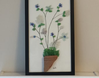 Sea Glass Art Vase of Flowers Framed Floral Design, Potted Flowers Artwork, Sea Glass Design, Gift for Her