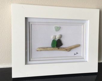 Sea Glass Pebble Driftwood Couple Art ,Beach Sea Glass Decor