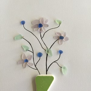 Ceramic Vase of Flowers Amethyst Blue Sea Glass Art, Gift for Her image 9