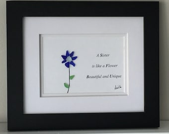 Sea Glass Art Sister Flower beautiful Unique Framed Love Artwork, Sea Glass Beach Glass Design, Gift for Her