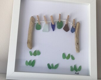 Laundry Drying Art Sea Glass Driftwood Seaglass Clothes on the Line, Genuine Beach Glass Gift for Her Housewarming