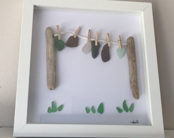 Washing Line Art Sea Glass Driftwood Seaglass, Genuine Beach Glass Gift for Her Housewarming