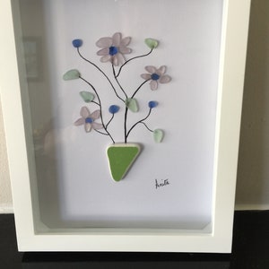 Ceramic Vase of Flowers Amethyst Blue Sea Glass Art, Gift for Her image 5