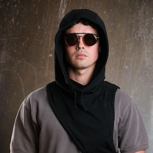Nomad Hood Avant Garde Hooded Top Asymmetrical Festival Hoodie Techwear Post Apocalyptic Style Clothing Burning Man Wasteland Outfit Mens
