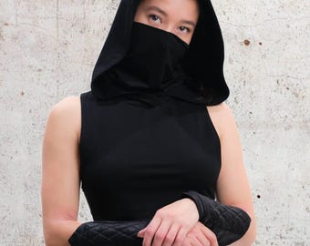 Assassin-vesttop met capuchon met verwijderbaar masker, Burning Man-outfit vrouwen, apocalyptische festivalkleding, Rogue-cosplay, woestenij-capuchontop
